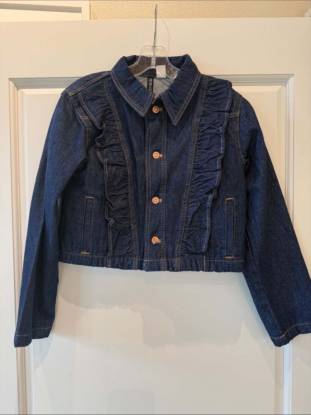 Divided Dark Blue Ruffle-Trim Cropped Denim Jacket - NWT Size S